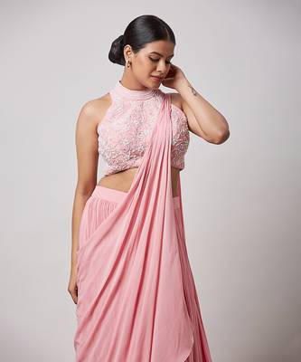 Pink halter neck  blouse with pre drape saree 2