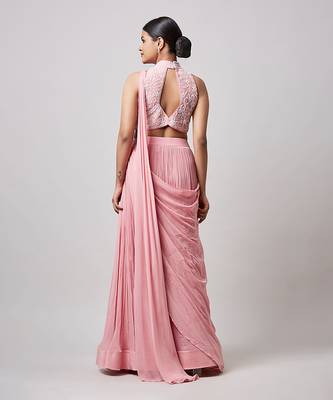 Pink halter neck  blouse with pre drape saree 3