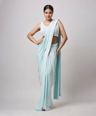 Sea green pre drape saree 1