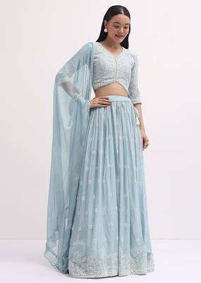 Sky Blue Georgette Lehenga Choli with Silver Sequin Embroidery 1