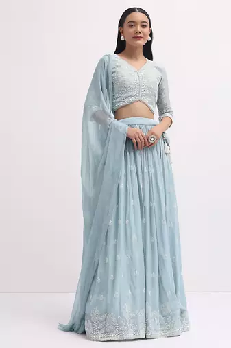 Sky Blue Georgette Lehenga Choli with Silver Sequin Embroidery