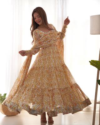 Fox Georgette Zigzag Print Fabric Fully Flair Anarkali Kurti, With Dupatta, Pent  1