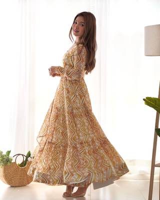 Fox Georgette Zigzag Print Fabric Fully Flair Anarkali Kurti, With Dupatta, Pent  3