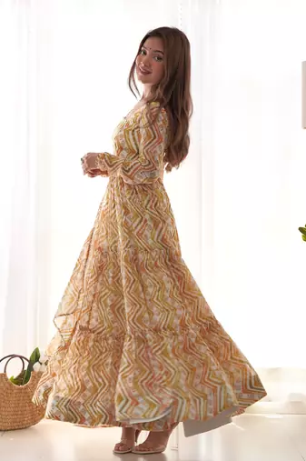 Fox Georgette Zigzag Print Fabric Fully Flair Anarkali Kurti, With Dupatta, Pent 