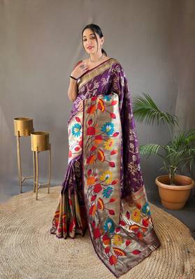 Wine Color Paithani silk blend Saree With Rich Weaved Paithani Pallu & 3D Traditional Design With Gold And Silver Zari 1