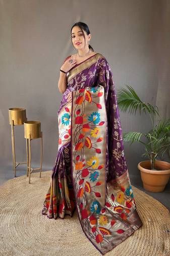 Wine Color Paithani silk blend Saree With Rich Weaved Paithani Pallu & 3D Traditional Design With Gold And Silver Zari