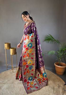 Wine Color Paithani silk blend Saree With Rich Weaved Paithani Pallu & 3D Traditional Design With Gold And Silver Zari 3