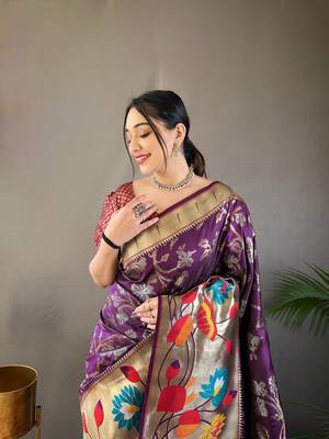Wine Color Paithani silk blend Saree With Rich Weaved Paithani Pallu & 3D Traditional Design With Gold And Silver Zari 4