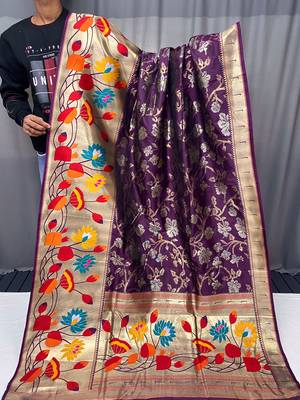 Wine Color Paithani silk blend Saree With Rich Weaved Paithani Pallu & 3D Traditional Design With Gold And Silver Zari 5