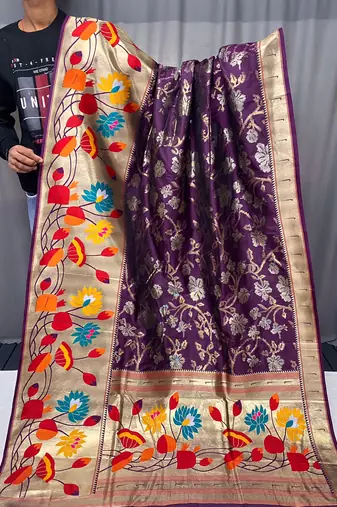Wine Color Paithani silk blend Saree With Rich Weaved Paithani Pallu & 3D Traditional Design With Gold And Silver Zari