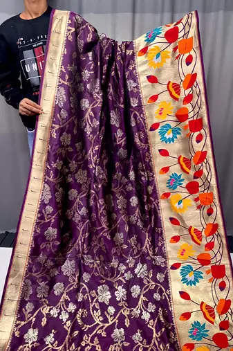 Wine Color Paithani silk blend Saree With Rich Weaved Paithani Pallu & 3D Traditional Design With Gold And Silver Zari