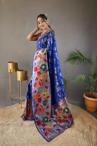 Violet Color Paithani silk blend Saree With Rich Weaved Paithani Pallu & 3D Traditional Design With Gold And Silver Zari