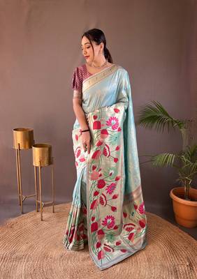 Sky Blue Color Paithani Silk Saree With Rich Weaved Paithani Pallu & 3D Traditional Design With Gold And Silver Zari 1