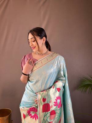 Sky Blue Color Paithani Silk Saree With Rich Weaved Paithani Pallu & 3D Traditional Design With Gold And Silver Zari 4