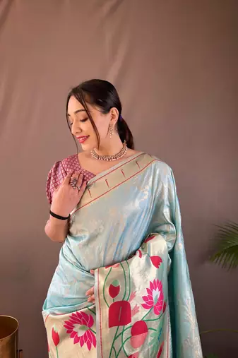 Sky Blue Color Paithani Silk Saree With Rich Weaved Paithani Pallu & 3D Traditional Design With Gold And Silver Zari