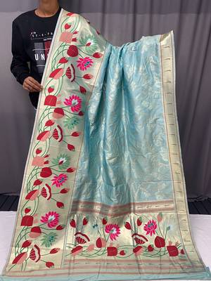 Sky Blue Color Paithani Silk Saree With Rich Weaved Paithani Pallu & 3D Traditional Design With Gold And Silver Zari 5