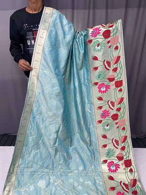 Sky Blue Color Paithani Silk Saree With Rich Weaved Paithani Pallu & 3D Traditional Design With Gold And Silver Zari 6