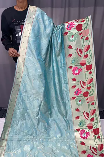 Sky Blue Color Paithani Silk Saree With Rich Weaved Paithani Pallu & 3D Traditional Design With Gold And Silver Zari