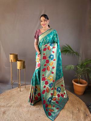 Rama Color Soft Paithani Silk Saree With Rich Weaved Paithani Pallu & 3D Traditional Design With Gold And Silver Zari 1