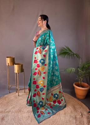 Rama Color Soft Paithani Silk Saree With Rich Weaved Paithani Pallu & 3D Traditional Design With Gold And Silver Zari 3