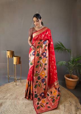Red Color Paithani silk blend Saree With Rich Weaved Paithani Pallu & 3D Traditional Design With Gold And Silver Zari 1