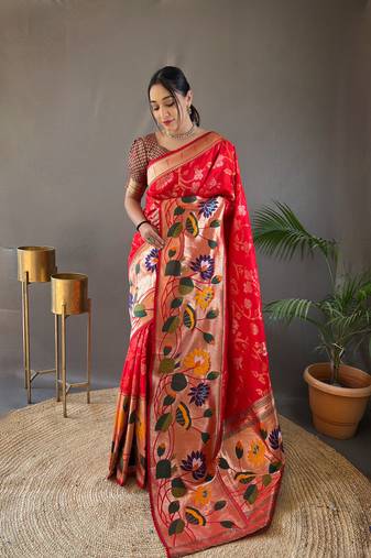 Red Color Paithani silk blend Saree With Rich Weaved Paithani Pallu & 3D Traditional Design With Gold And Silver Zari