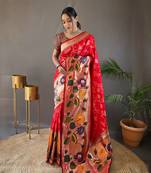 Red Color Paithani silk blend Saree With Rich Weaved Paithani Pallu & 3D Traditional Design With Gold And Silver Zari