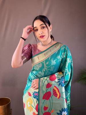 Rama Color Soft Paithani Silk Saree With Rich Weaved Paithani Pallu & 3D Traditional Design With Gold And Silver Zari 4