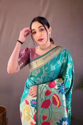 Rama Color Soft Paithani Silk Saree With Rich Weaved Paithani Pallu & 3D Traditional Design With Gold And Silver Zari