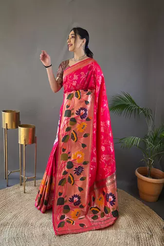 Pink Color Soft Paithani Silk Saree With Rich Weaved Paithani Pallu & 3D Traditional Design With Gold And Silver Zari