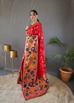 Red Color Paithani silk blend Saree With Rich Weaved Paithani Pallu & 3D Traditional Design With Gold And Silver Zari 3