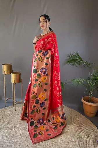 Red Color Paithani silk blend Saree With Rich Weaved Paithani Pallu & 3D Traditional Design With Gold And Silver Zari