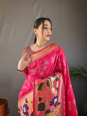 Pink Color Soft Paithani Silk Saree With Rich Weaved Paithani Pallu & 3D Traditional Design With Gold And Silver Zari 4