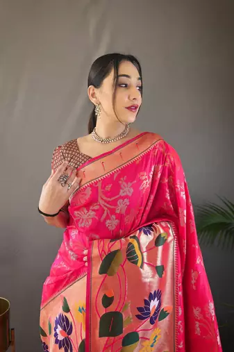 Pink Color Soft Paithani Silk Saree With Rich Weaved Paithani Pallu & 3D Traditional Design With Gold And Silver Zari