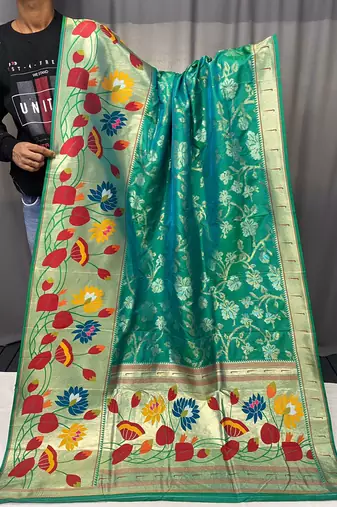 Rama Color Soft Paithani Silk Saree With Rich Weaved Paithani Pallu & 3D Traditional Design With Gold And Silver Zari