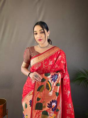 Red Color Paithani silk blend Saree With Rich Weaved Paithani Pallu & 3D Traditional Design With Gold And Silver Zari 4