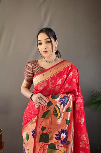 Red Color Paithani silk blend Saree With Rich Weaved Paithani Pallu & 3D Traditional Design With Gold And Silver Zari