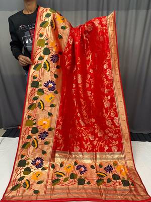 Red Color Paithani silk blend Saree With Rich Weaved Paithani Pallu & 3D Traditional Design With Gold And Silver Zari 6