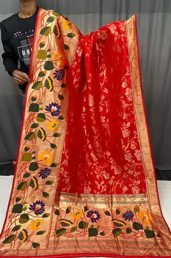 Red Color Paithani silk blend Saree With Rich Weaved Paithani Pallu & 3D Traditional Design With Gold And Silver Zari