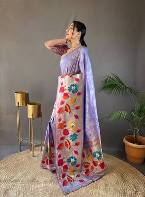 Lavender Color Paithani Silk Saree With Rich Weaved Paithani Pallu & 3D Traditional Design With Gold And Silver Zari 1