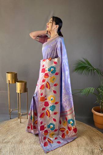 Lavender Color Paithani Silk Saree With Rich Weaved Paithani Pallu & 3D Traditional Design With  Gold And Silver Zari