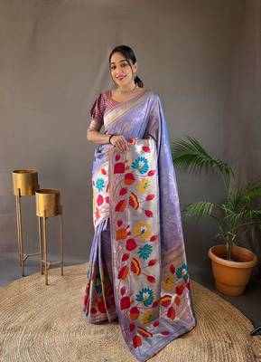 Lavender Color Paithani Silk Saree With Rich Weaved Paithani Pallu & 3D Traditional Design With Gold And Silver Zari 3