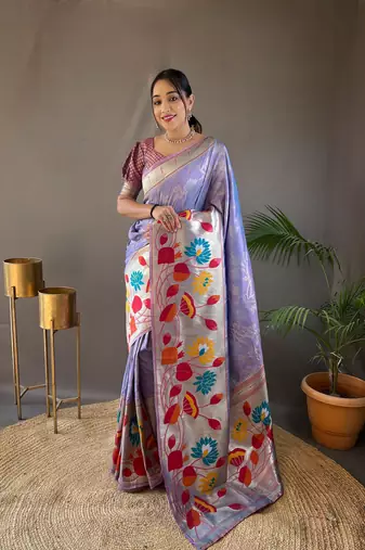 Lavender Color Paithani Silk Saree With Rich Weaved Paithani Pallu & 3D Traditional Design With Gold And Silver Zari