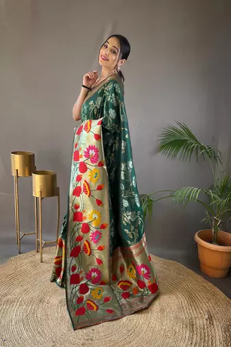 Green Color Soft Paithani Silk Saree With Rich Weaved Paithani Pallu & 3D Traditional Design With Gold And Silver Zari