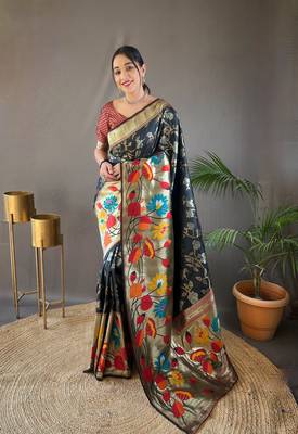 Black Color Soft Paithani Silk Saree With Rich Weaved Paithani Pallu & 3D Traditional Design With Gold And Silver Zari 1