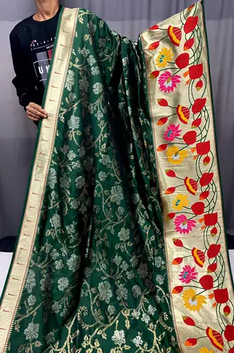 Green Color Soft Paithani Silk Saree With Rich Weaved Paithani Pallu & 3D Traditional Design With Gold And Silver Zari