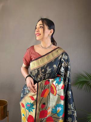 Black Color Soft Paithani Silk Saree With Rich Weaved Paithani Pallu & 3D Traditional Design With Gold And Silver Zari 3