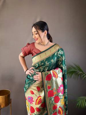 Green Color Soft Paithani Silk Saree With Rich Weaved Paithani Pallu & 3D Traditional Design With Gold And Silver Zari 6