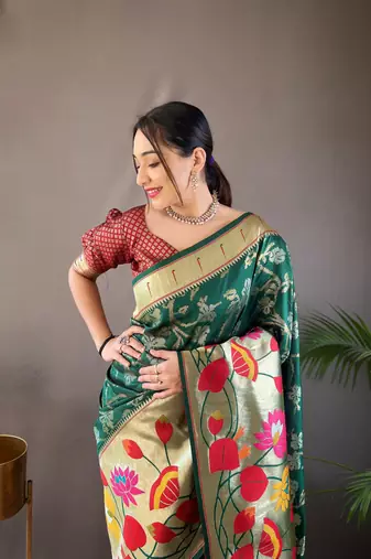 Green Color Soft Paithani Silk Saree With Rich Weaved Paithani Pallu & 3D Traditional Design With Gold And Silver Zari