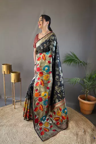 Black Color Soft Paithani Silk Saree With Rich Weaved Paithani Pallu & 3D Traditional Design With Gold And Silver Zari